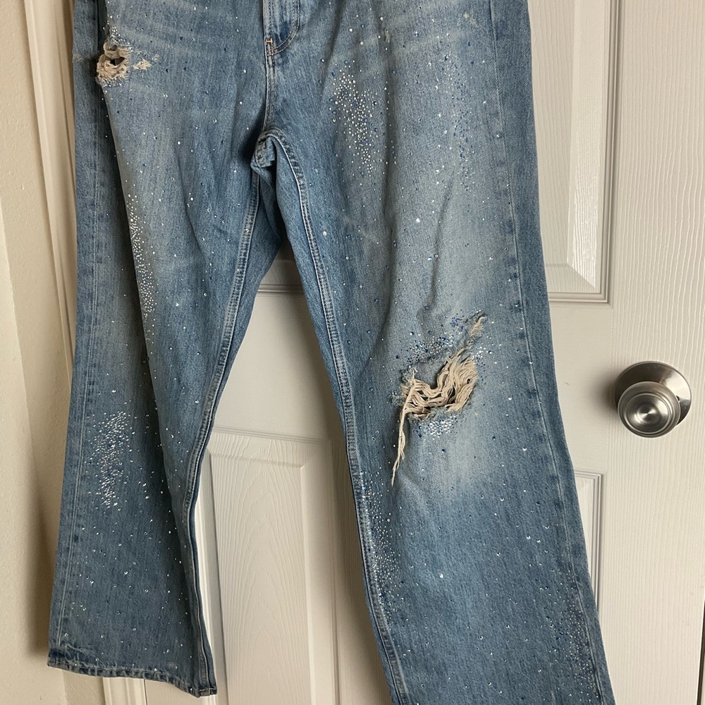 ZARA TRF ripped wide leg rhinestone Jeans Light Wash Distressed - Size US 14 - Picture 3 of 12